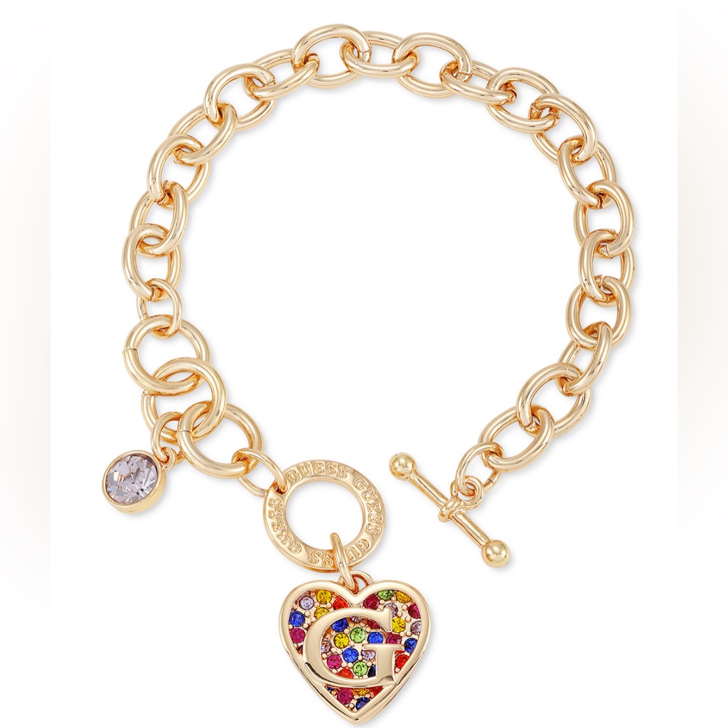 Guess Gold Bracelet With Multicolor Heart Charm Nwt